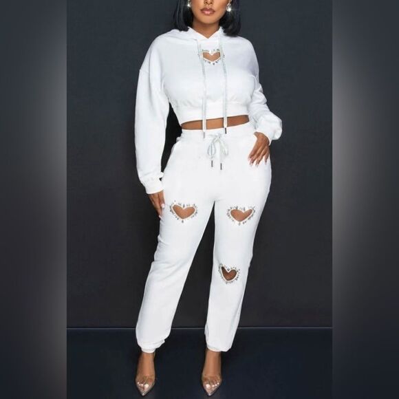 Rhinestones heart cut out 2 piece set- White - Picture 1 of 2